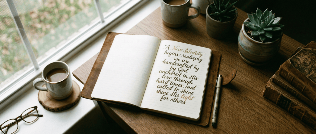 Open journal reading “A New Identity” with a faith-based handwritten message